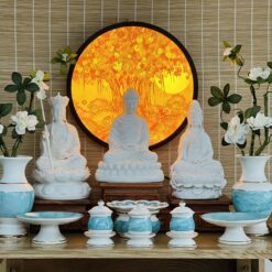 Tượng Phật Tam Thánh, Ta Bà Tam Thánh Phật cao 30cm, chất liệu đá bột thạch anh đúc đặc nguyên khối