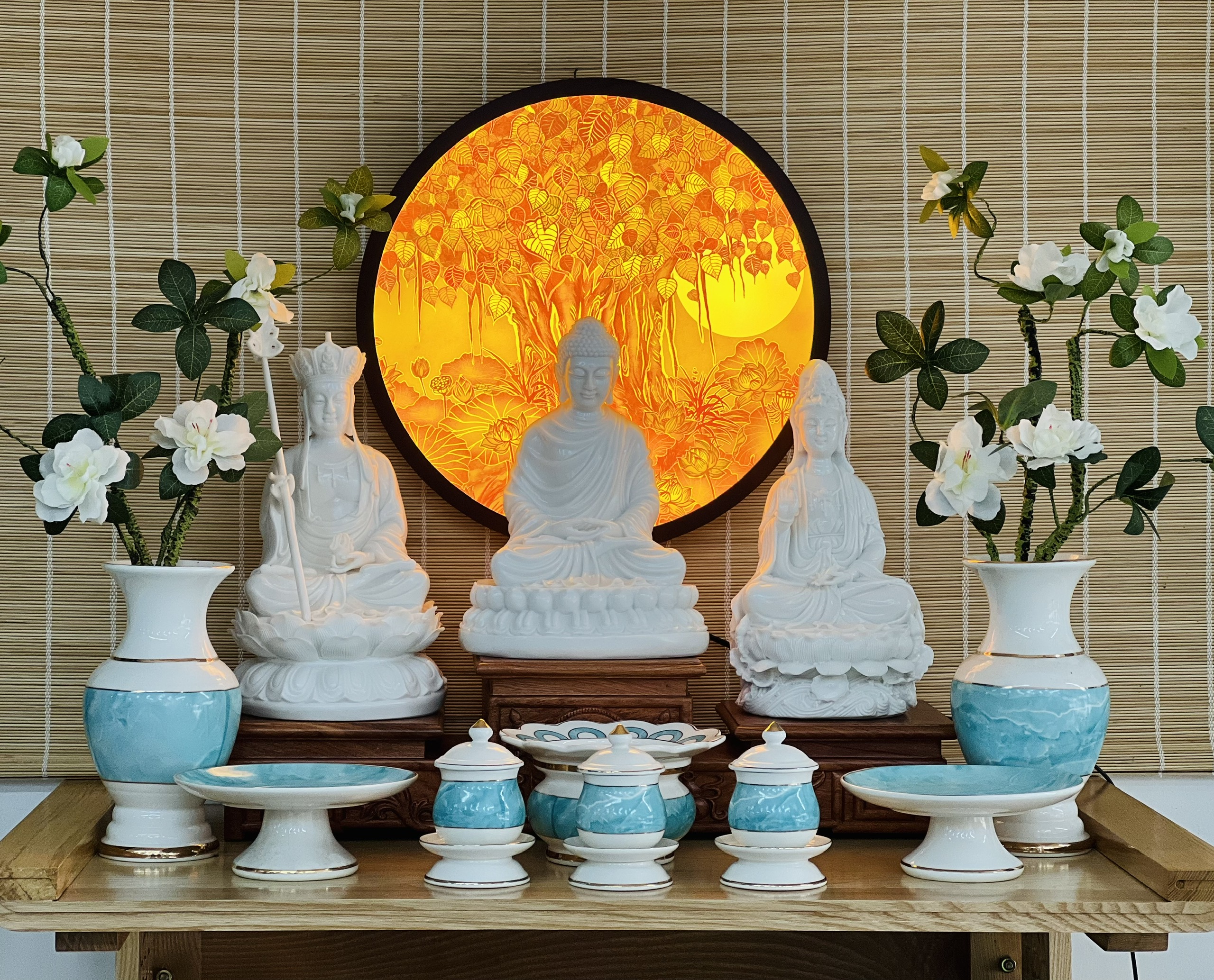 Tượng Phật Tam Thánh, Ta Bà Tam Thánh Phật cao 30cm, chất liệu đá bột thạch anh đúc đặc nguyên khối
