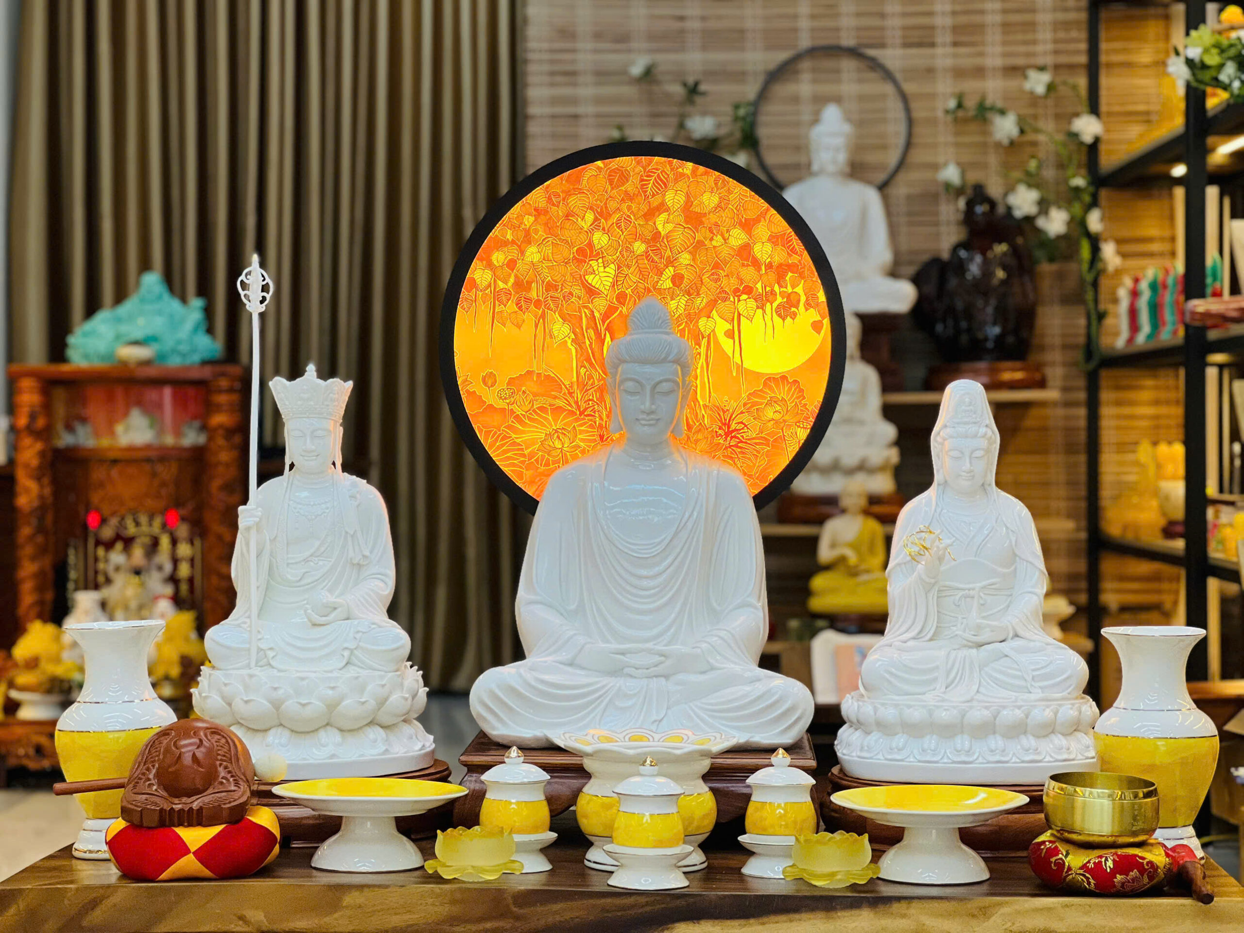 Tượng Phật Tam Thánh thờ tại gia,Ta Bà Tam Thánh Phật, cao 50-55cm, đúc đặc nguyên khối